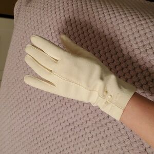1940s Cream Vintage Medium Length Fabric Pearl Button Pinup Gloves Small, S, 7